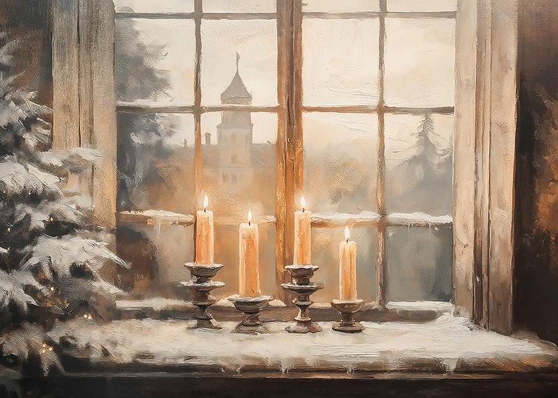 A candlelit poster on a snow-covered windowsill spreading winter coziness.-12