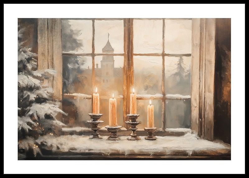 A candlelit poster on a snow-covered windowsill spreading winter coziness.-12