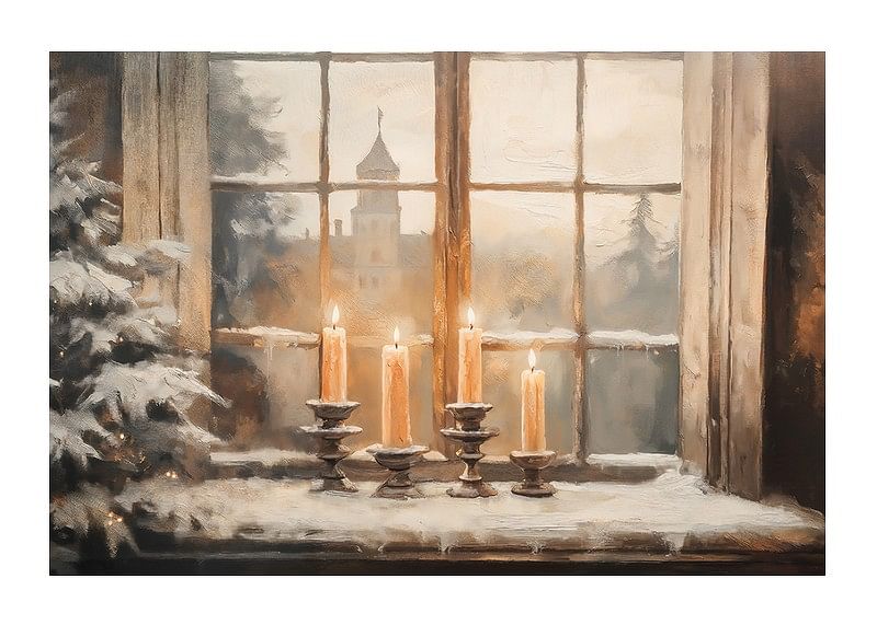 A candlelit poster on a snow-covered windowsill spreading winter coziness.-12