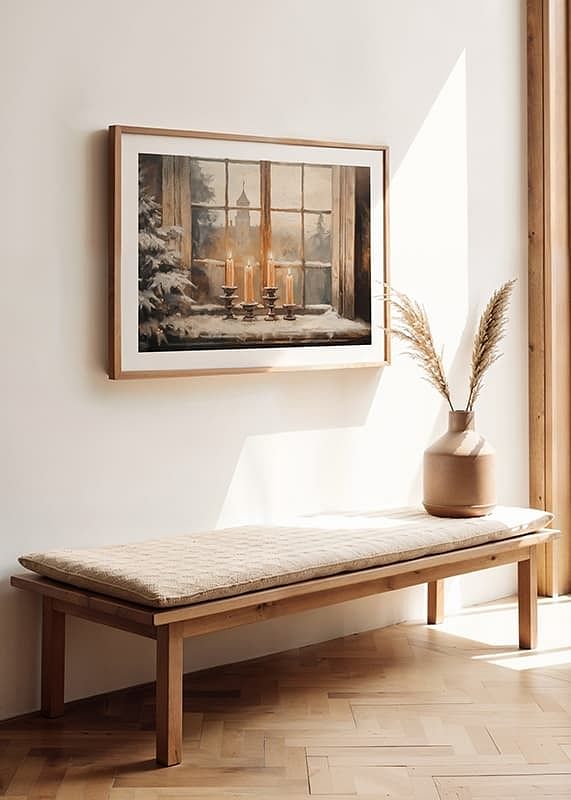 A candlelit poster on a snow-covered windowsill spreading winter coziness.-12