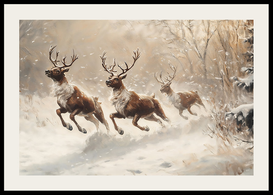A poster of reindeer galloping through a snow-covered landscape.-12