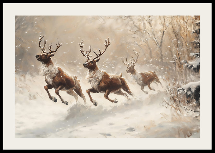 Un cartel de renos galopando por un paisaje cubierto de nieve.-12