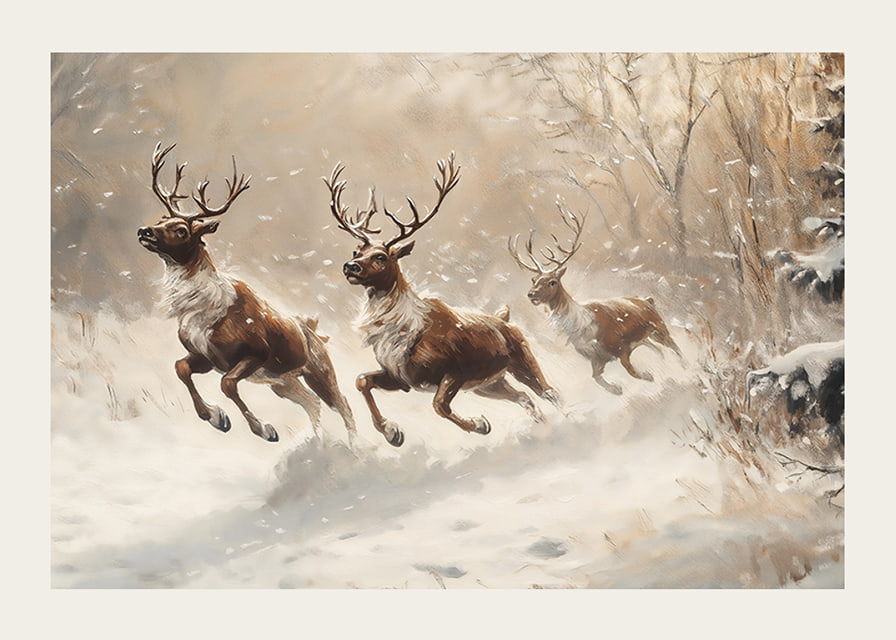 A poster of reindeer galloping through a snow-covered landscape.-12