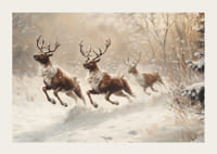 Un cartel de renos galopando por un paisaje cubierto de nieve.-3