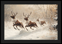 A poster of reindeer galloping through a snow-covered landscape.-4