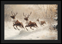 Un cartel de renos galopando por un paisaje cubierto de nieve.-4