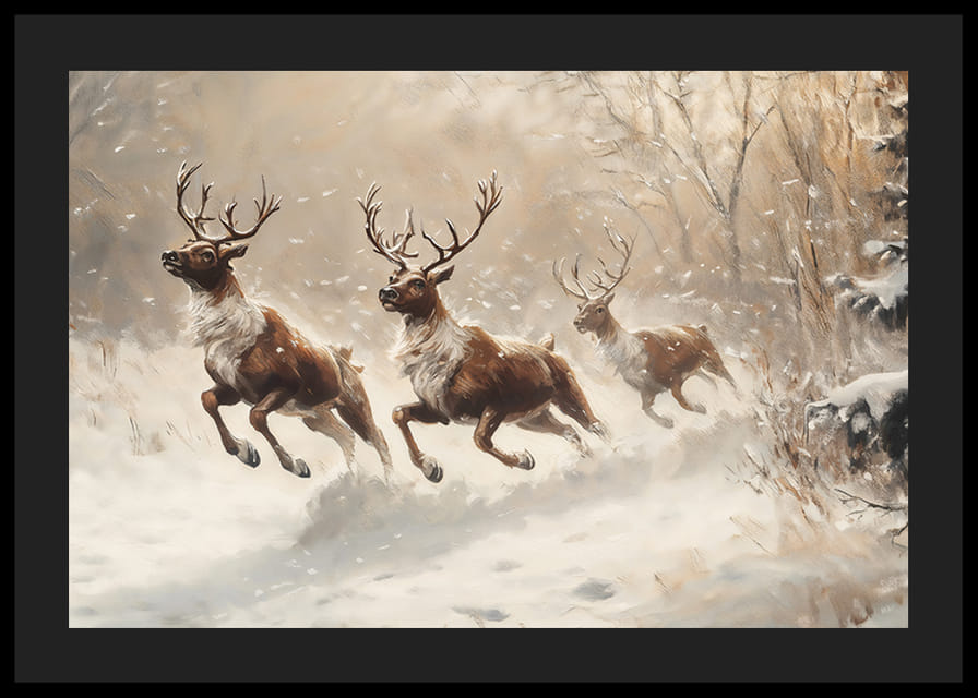 Un cartel de renos galopando por un paisaje cubierto de nieve.-12