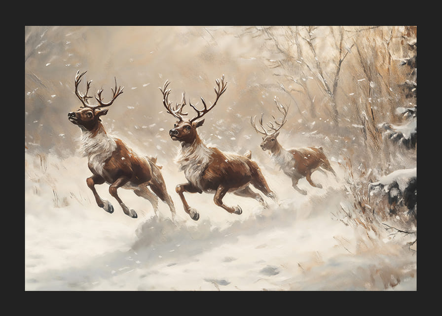 Un cartel de renos galopando por un paisaje cubierto de nieve.-12