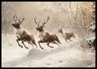 A poster of reindeer galloping through a snow-covered landscape.-6