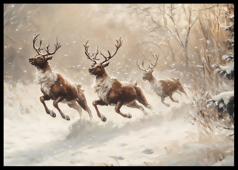 A poster of reindeer galloping through a snow-covered landscape.-12