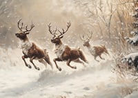 A poster of reindeer galloping through a snow-covered landscape.-7