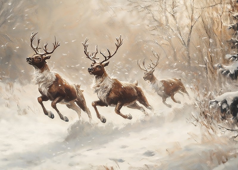 A poster of reindeer galloping through a snow-covered landscape.-12