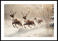 A poster of reindeer galloping through a snow-covered landscape.-0