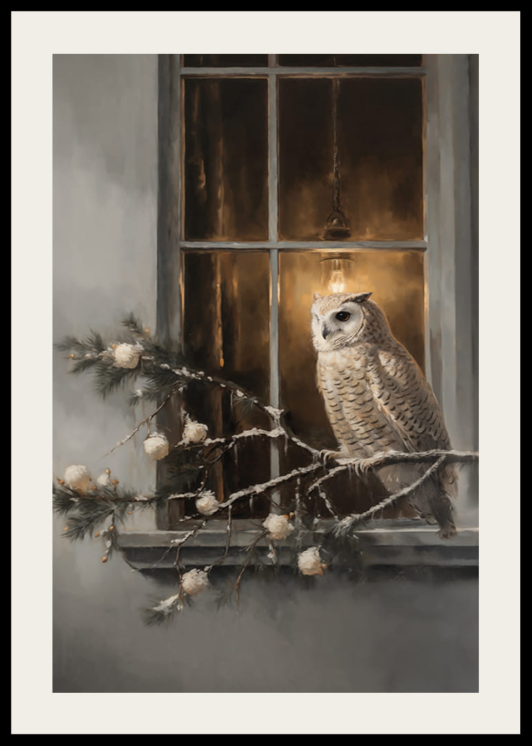 Ein Poster mit einer Eule auf einem verschneiten Ast vor einem warm beleuchteten Fenster.-12