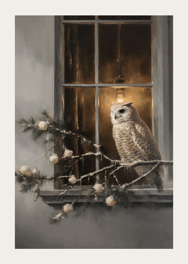 Ein Poster mit einer Eule auf einem verschneiten Ast vor einem warm beleuchteten Fenster.-12