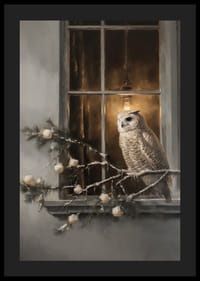 Ein Poster mit einer Eule auf einem verschneiten Ast vor einem warm beleuchteten Fenster.-4