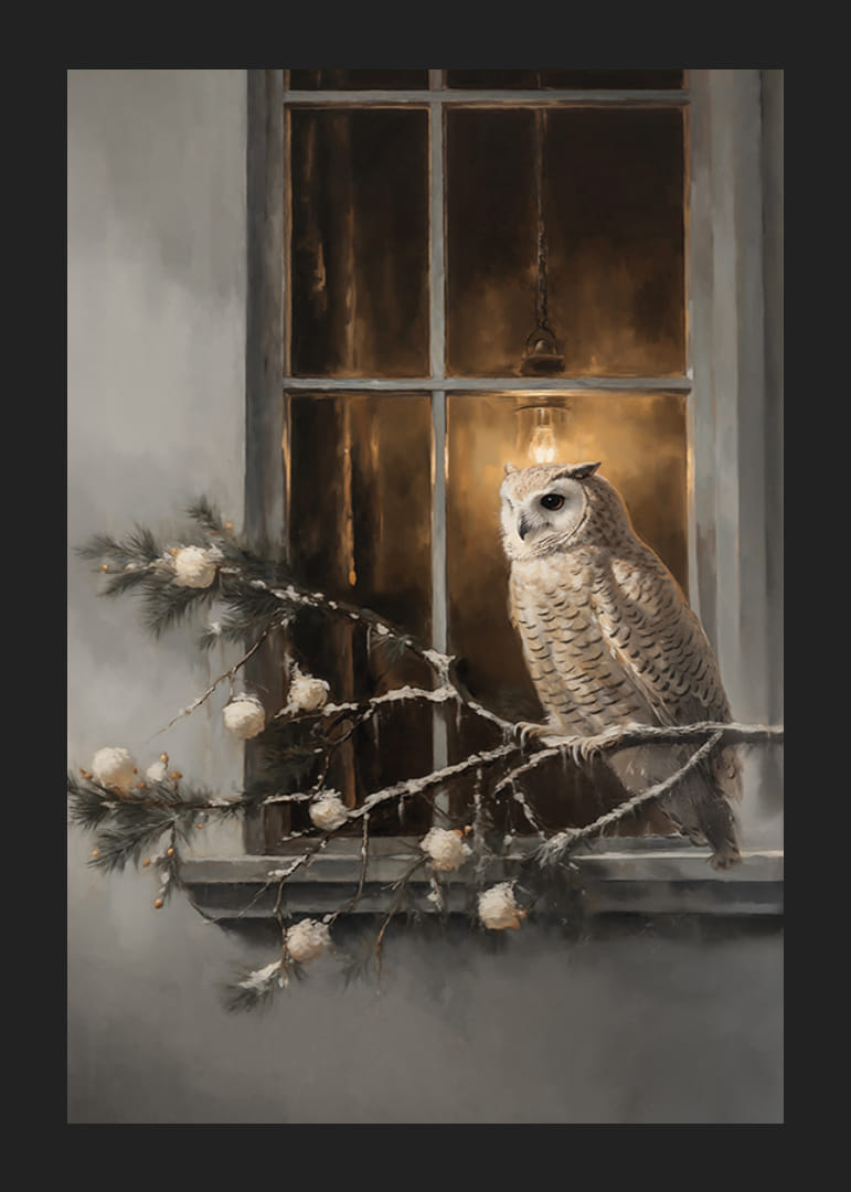 Ein Poster mit einer Eule auf einem verschneiten Ast vor einem warm beleuchteten Fenster.-12