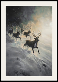 Une affiche représentant un renne dévalant une pente enneigée.-2