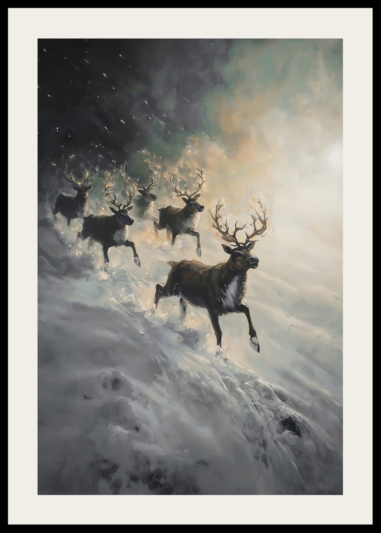 Une affiche représentant un renne dévalant une pente enneigée.-12