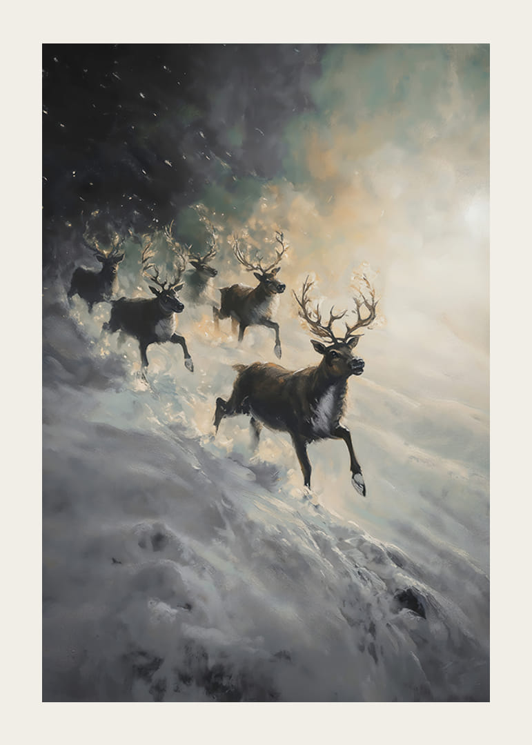 Une affiche représentant un renne dévalant une pente enneigée.-12