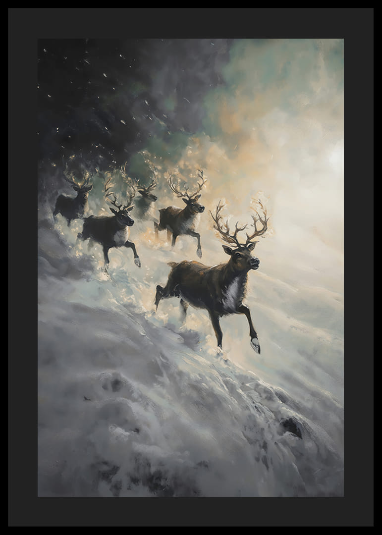 Une affiche représentant un renne dévalant une pente enneigée.-12