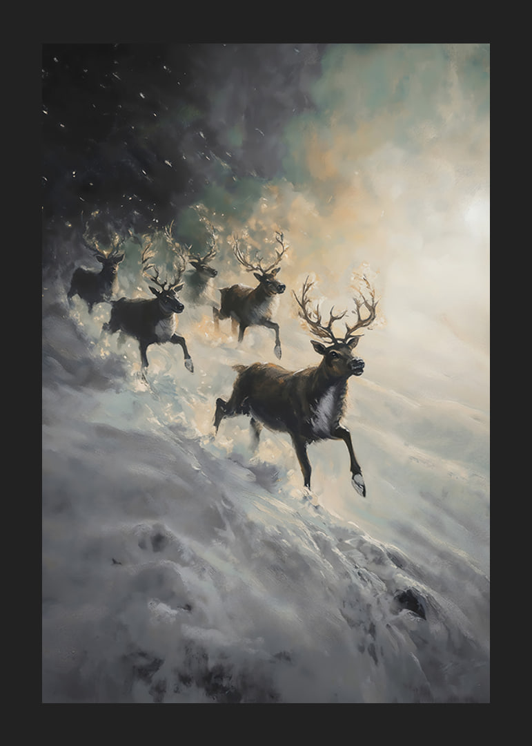 A poster of reindeer rushing down a snow-covered slope.-12