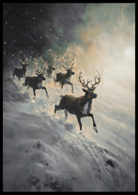 A poster of reindeer rushing down a snow-covered slope.-6