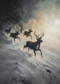 A poster of reindeer rushing down a snow-covered slope.-7
