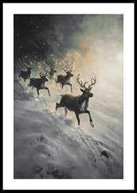 A poster of reindeer rushing down a snow-covered slope.-0