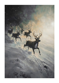 A poster of reindeer rushing down a snow-covered slope.-1