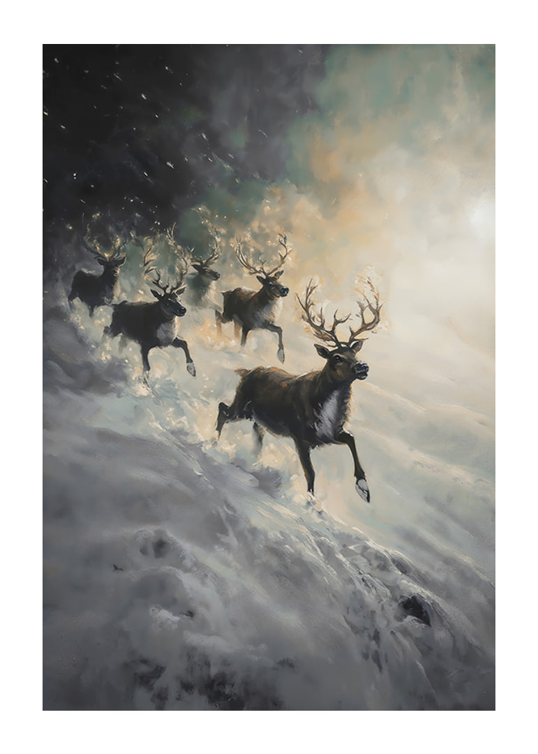 A poster of reindeer rushing down a snow-covered slope.-12