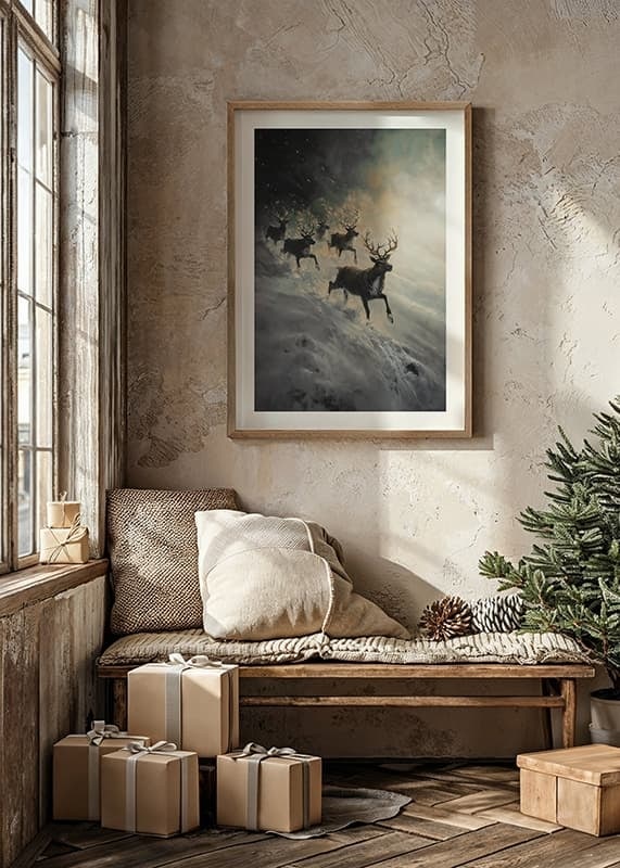 A poster of reindeer rushing down a snow-covered slope.-12