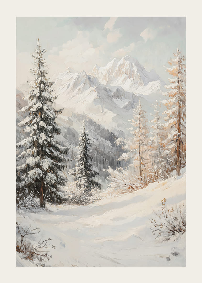 A poster with a snow-covered mountain landscape that captures the grand beauty and stillness of winter.-12