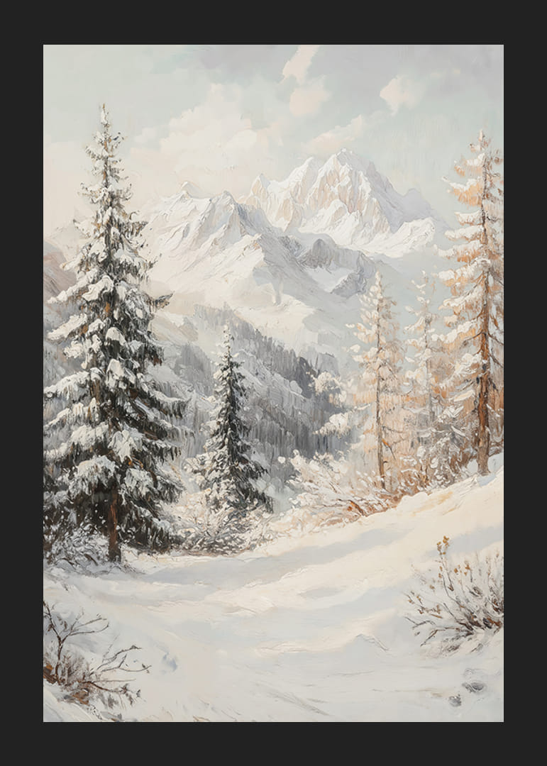 A poster with a snow-covered mountain landscape that captures the grand beauty and stillness of winter.-12