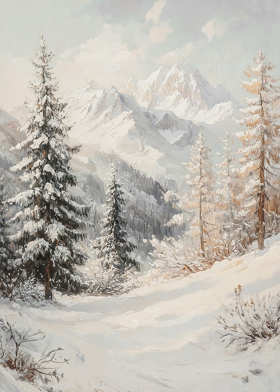 A poster with a snow-covered mountain landscape that captures the grand beauty and stillness of winter.-12