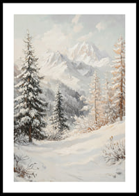 A poster with a snow-covered mountain landscape that captures the grand beauty and stillness of winter.-0