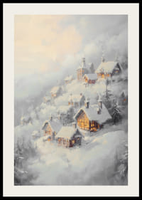 Une affiche représentant un village enneigé au crépuscule, rayonnant de magie hivernale et de communauté chaleureuse.-2