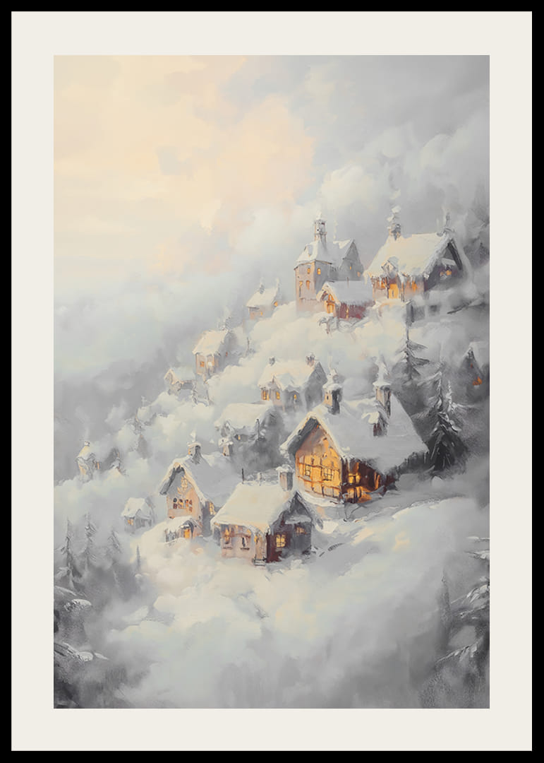 Une affiche représentant un village enneigé au crépuscule, rayonnant de magie hivernale et de communauté chaleureuse.-12