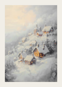 Une affiche représentant un village enneigé au crépuscule, rayonnant de magie hivernale et de communauté chaleureuse.-3