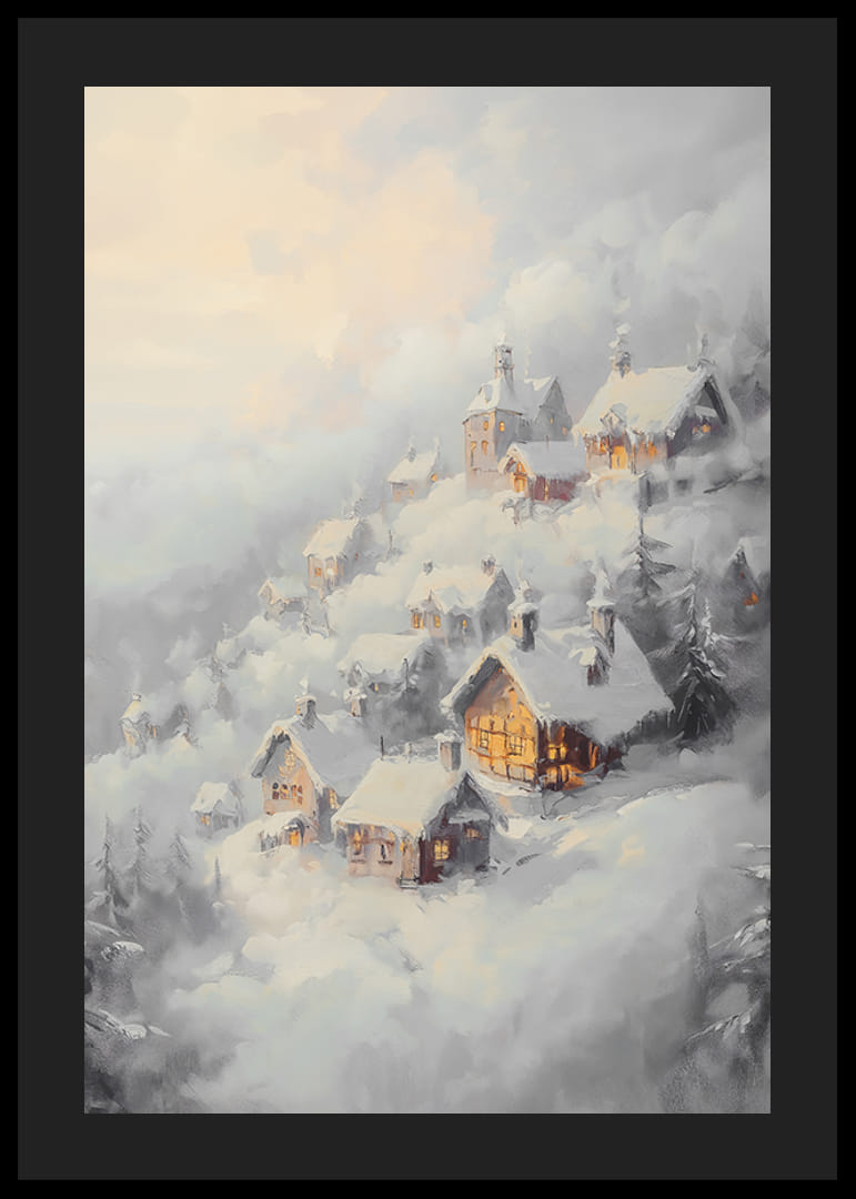 Une affiche représentant un village enneigé au crépuscule, rayonnant de magie hivernale et de communauté chaleureuse.-12