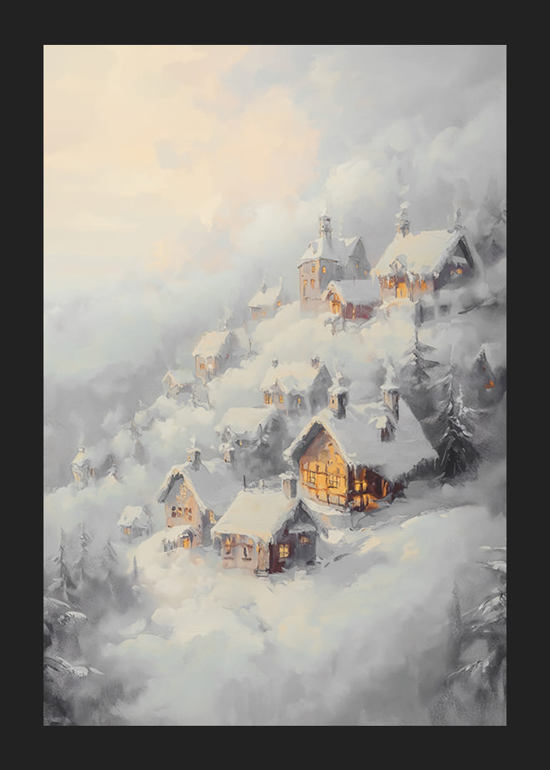 Une affiche représentant un village enneigé au crépuscule, rayonnant de magie hivernale et de communauté chaleureuse.-12