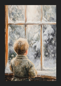 A poster with a child looking in wonder through a frosty window at a wintry landscape.-5