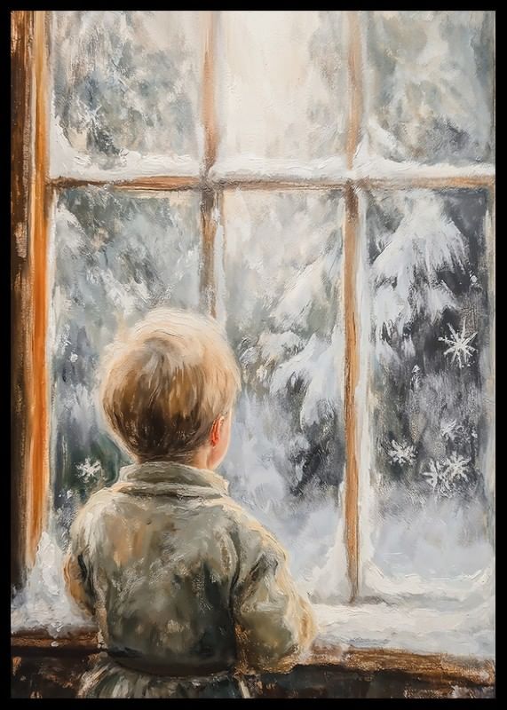 Een poster met een kind dat door een bevroren raam verwonderd naar een winters landschap kijkt.-12