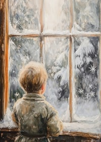 A poster with a child looking in wonder through a frosty window at a wintry landscape.-7