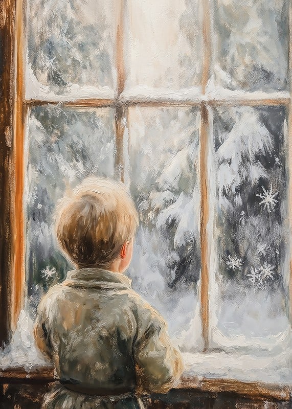 A poster with a child looking in wonder through a frosty window at a wintry landscape.-12