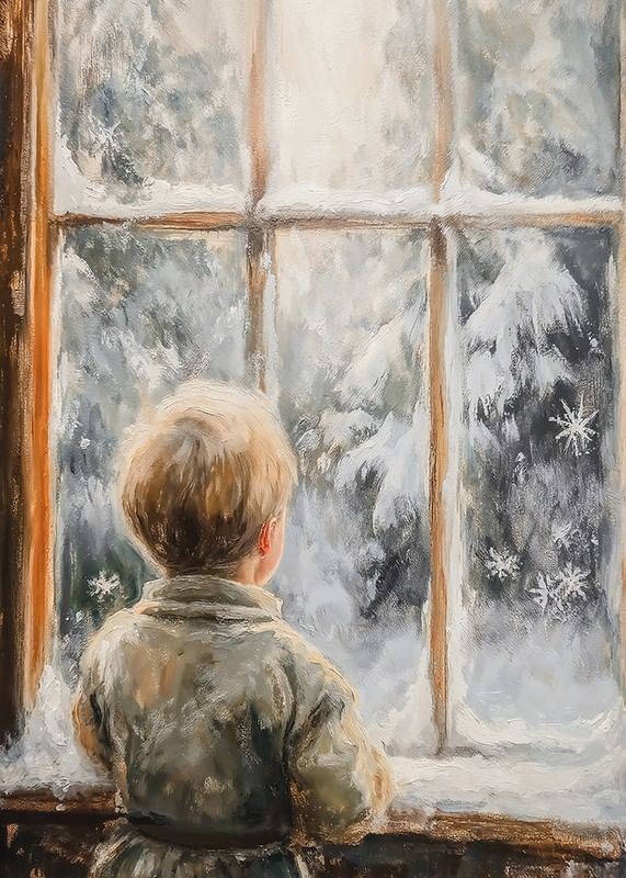 Een poster met een kind dat door een bevroren raam verwonderd naar een winters landschap kijkt.-12