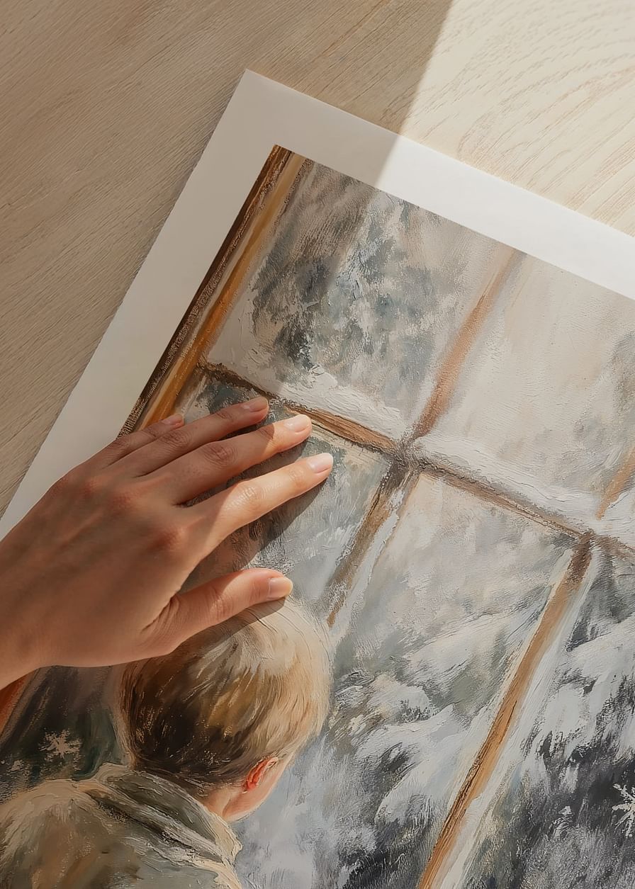 Een poster met een kind dat door een bevroren raam verwonderd naar een winters landschap kijkt.-12