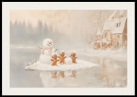 Ein Poster mit einem Schneemann und Lebkuchenmännern, die an einem zugefrorenen See Weihnachtsstimmung verbreiten.-2