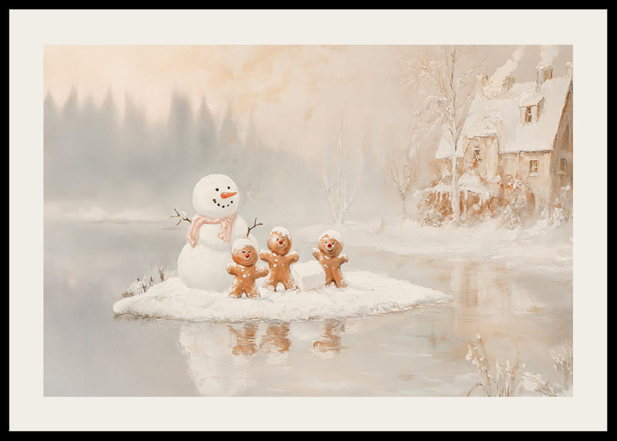 Ein Poster mit einem Schneemann und Lebkuchenmännern, die an einem zugefrorenen See Weihnachtsstimmung verbreiten.-12