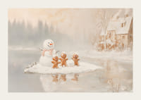 Ein Poster mit einem Schneemann und Lebkuchenmännern, die an einem zugefrorenen See Weihnachtsstimmung verbreiten.-3